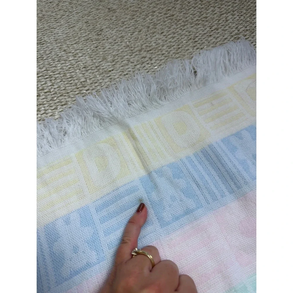 Vintage Pastel ABC Teddy Bear Baby Blanket Fringed Woven Nursery Cottagecore